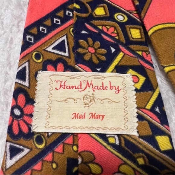 Hand Made by Mad Mary Orange Multicolored Floral Print Statement Neck Tie - Picture 4 of 5